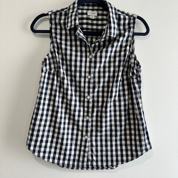 J. Crew Tops - J.Crew Gingham Button-up Navy & White Collared Sleeveless Shirt Size M